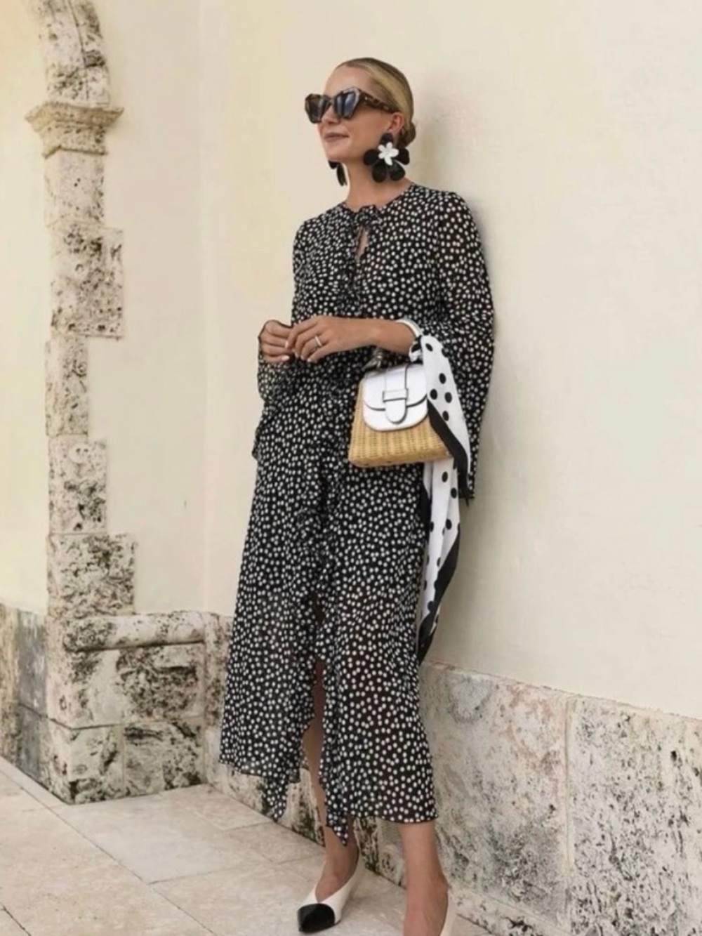 NWT ZARA Fluid Black/White Polka Dot Tie Front Kimono Swim Beach Cover-Up Dress